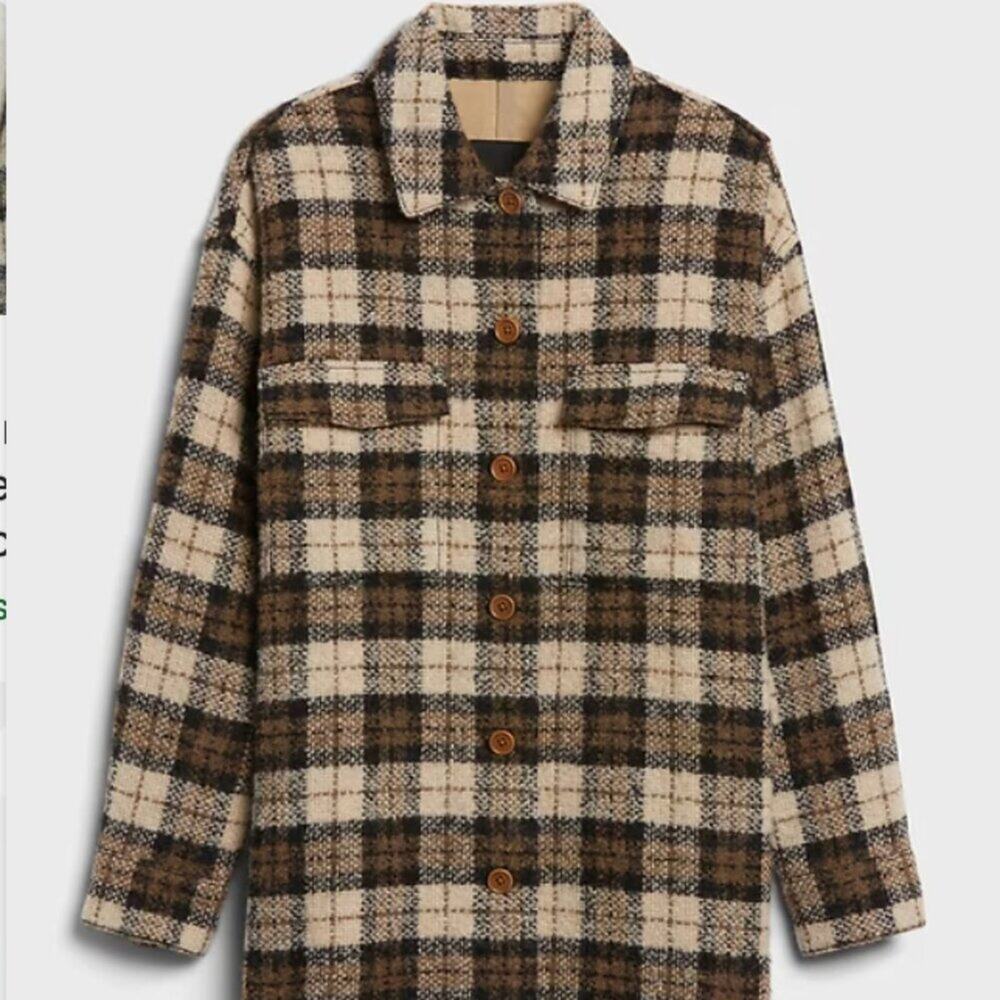 Banana Republic Oversized Italian Bouclé Shirt Jacket Camel Plaid XS